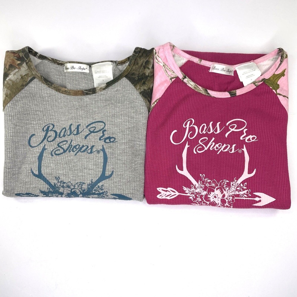 Lot of 2 Bass Pro Shops Thermal Shirt Womens S Pink Gray Camouflage Long Sleeve
